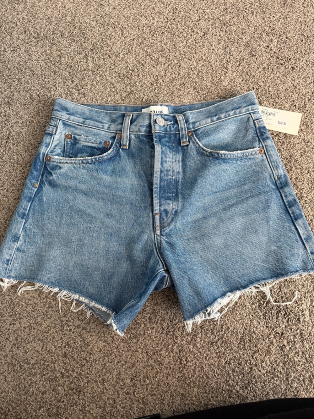 NWT AGOLDE Parker Long Light Blue High-Rise Frayed Hem Denim Shorts